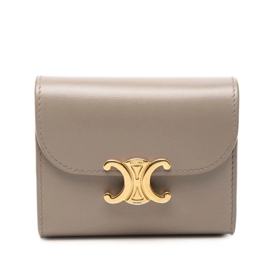 CELINE TRIOMPHE SMALL FLAP WALLET, BI-FOLD PEBBLE GRAY: Celine Triomphe Small Flap Wallet, Bi-fold Pebble Gray Brand: Celine Type/Style: Wallet (bi-fold) Material: Leather Color: Gray Size: (HxWxD) 9cm x 10.5cm x 3cm / 3.54'' x 4.13'' x 1.18''