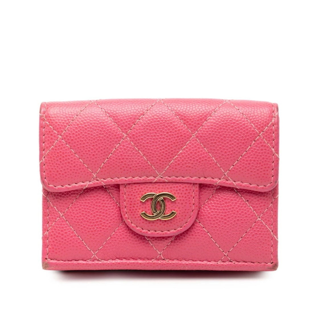 CHANEL MATELASSE COCO MARK TRI-FOLD WALLET PINK: CHANEL Matelasse Coco Mark Tri-fold Wallet Pink Brand: Chanel Type/Style: Wallet (tri-fold) Material: Grained Calfskin Color: Pink Size: (HxWxD) 7.5cm x 10.5cm x 3cm / 2.95'' x 4.13'' x 1.18'' Acc