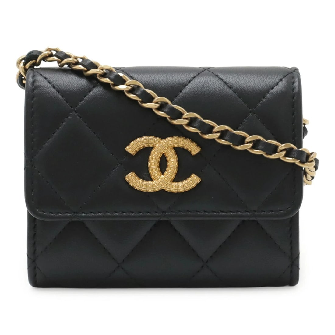 CHANEL MATELASSE WALLET, CHAIN COIN PURSE, BUSINESS CARD: CHANEL Matelasse Wallet, Chain Coin Purse, Business Card Brand: Chanel Type/Style: Chain/Shoulder wallet Material: Leather Color: Black Size: (HxWxD) 9cm x 11cm / 3.54'' x 4.33'' Accessories: None