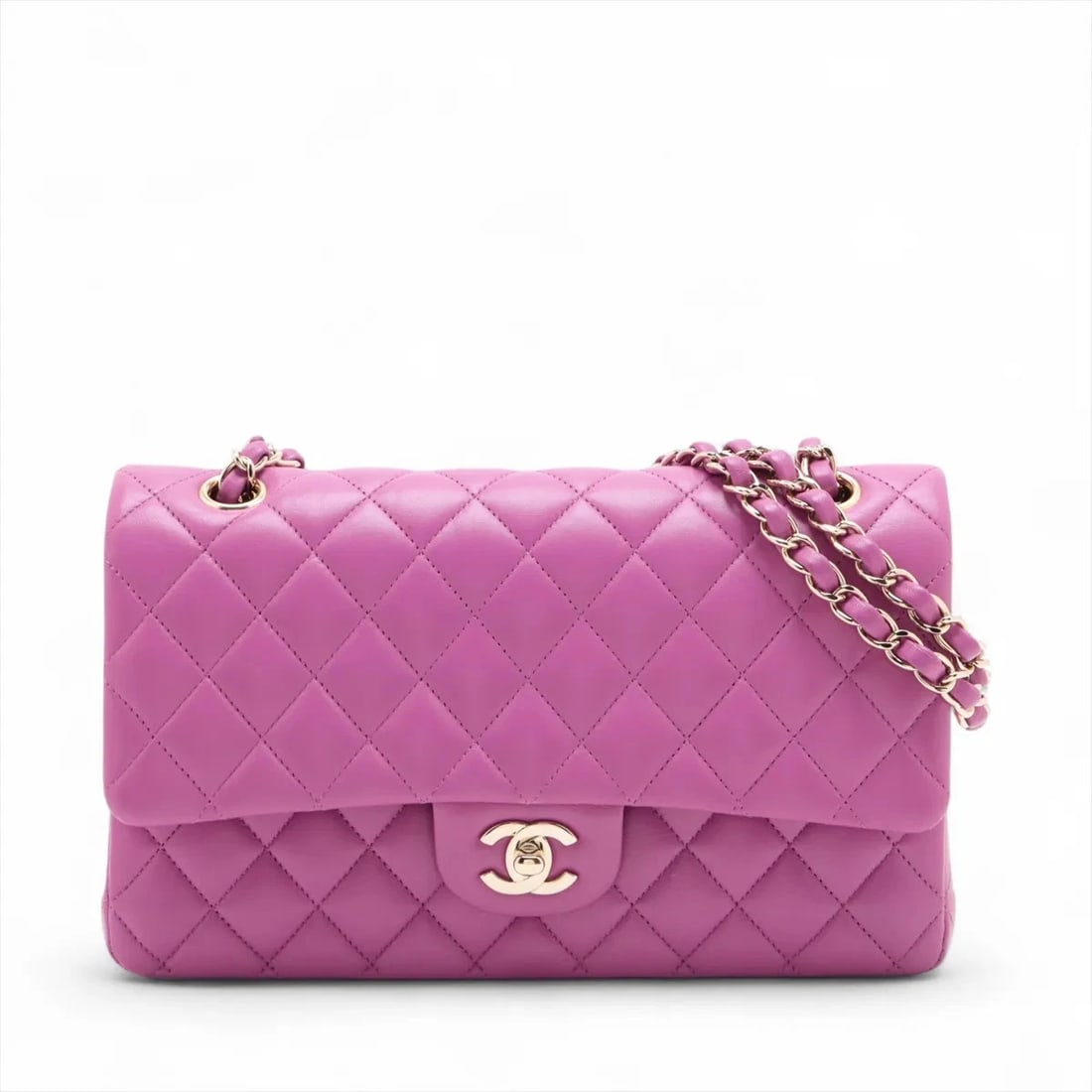 CHANEL MATELASSE DOUBLE CHAIN BAG: Chanel Matelasse Double Chain Bag Brand: Chanel Type/Style: Shoulder Bag Material: Lambskin Color: Purple Size: Height:6.1inchLength:10.0inchDepth:2.4inch Accessories: None Accessories Not