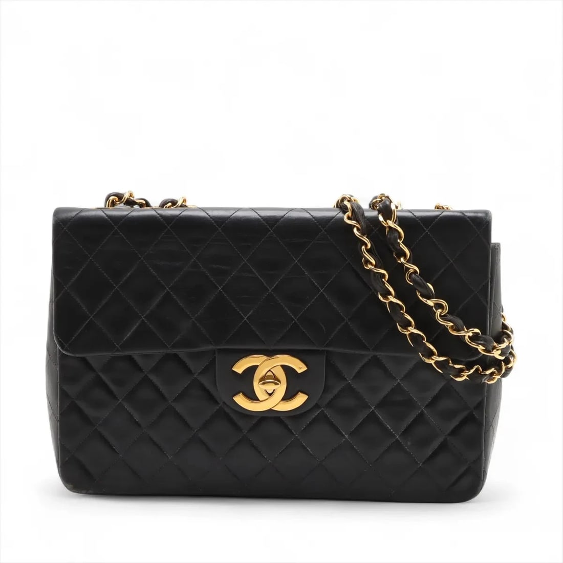 CHANEL DEKAMATRASSE 34 MAXI LAMBSKIN SINGLE DOUBLE CHAIN BAG: Chanel DEKAMATRASSE 34 Maxi Lambskin Single Double Chain Bag Brand: Chanel Type/Style: Shoulder Bag Material: Lambskin Color: Black Size: Height:8.7inchLength:13.2inchDepth:3.7inch Accessories: No