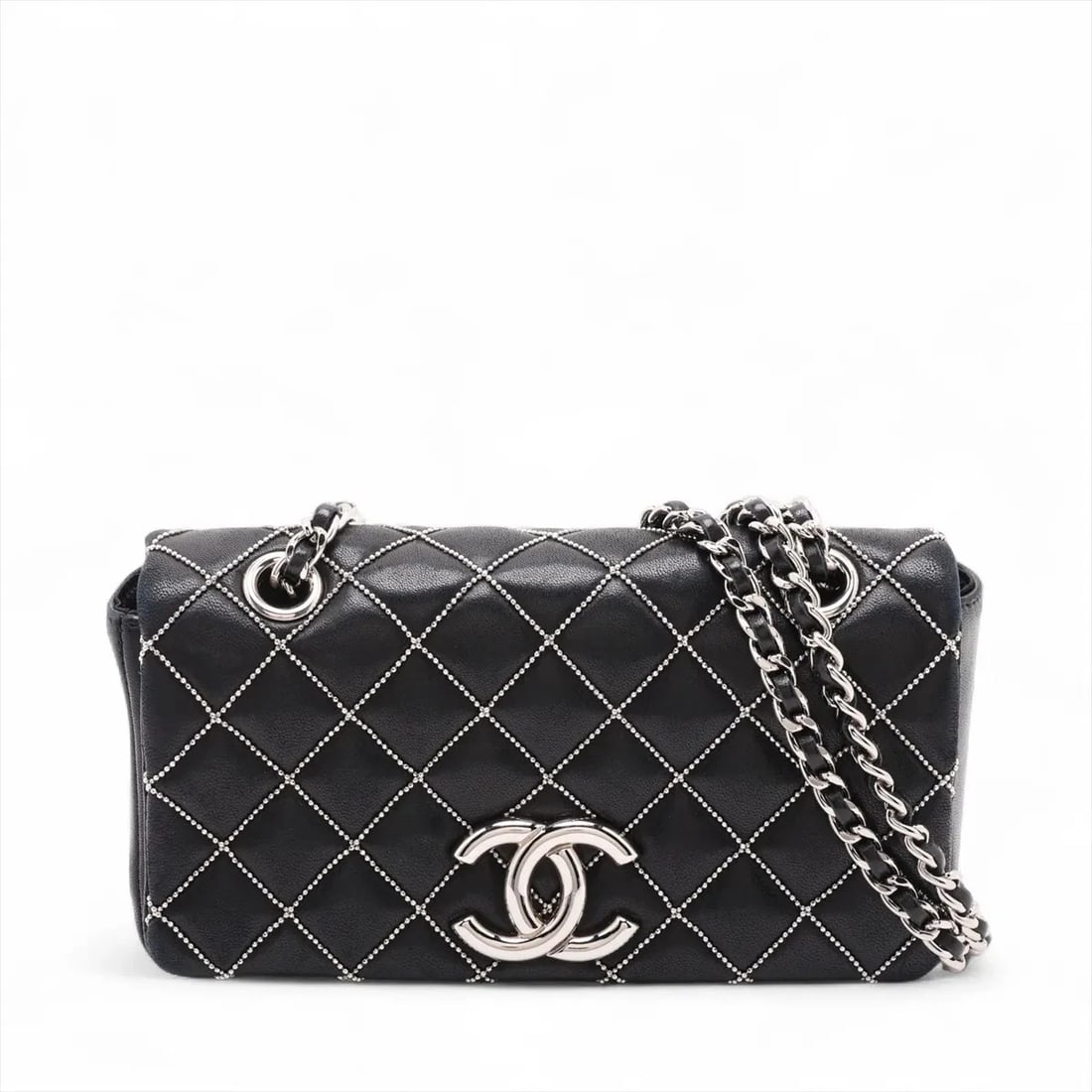 CHANEL MINI MATELASSE LAMBSKIN SINGLE FLAP DOUBLE CHAIN BAG: Chanel Mini Matelasse Lambskin Single Flap Double Chain Bag Brand: Chanel Type/Style: Shoulder Bag Material: Lambskin Color: Black Size: Height:3.3inchLength:6.5inchDepth:1.4inch Accessories: None