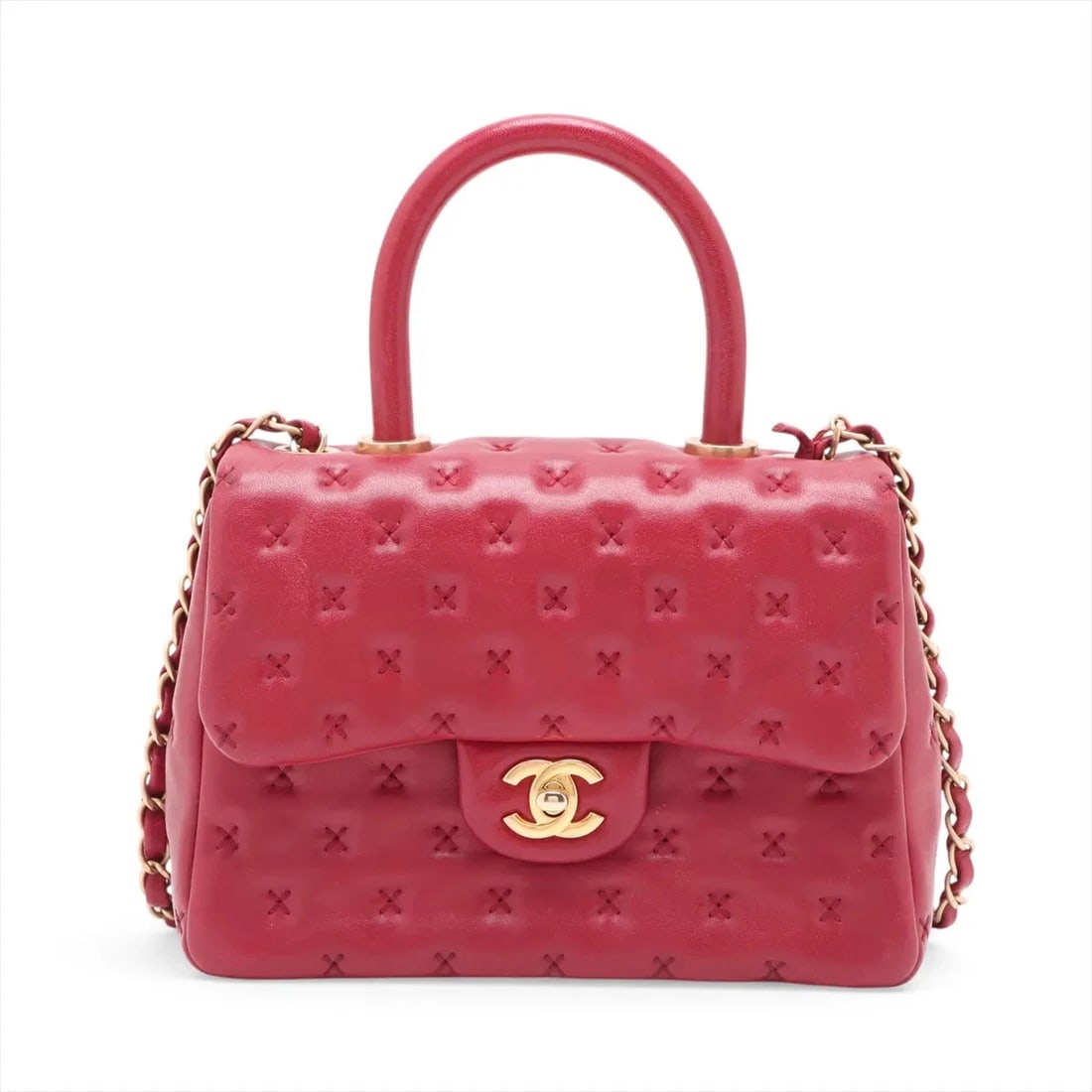 CHANEL CROSS STITCH LAMBSKIN 2 WAY HANDBAG: Chanel Cross Stitch Lambskin 2 Way Handbag Brand: Chanel Type/Style: Top Handle Bag Material: Lambskin Color: Red Size: Height:5.9inchLength:8.5inchDepth:2.8inch Accessories: None Accessor