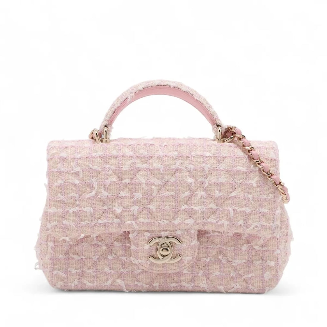 CHANEL MATELASSE TWEED 2 WAY HANDBAG: Chanel Matelasse Tweed 2 Way Handbag Brand: Chanel Type/Style: Top Handle Bag Material: Tweed Color: Pink Size: Height:5.1inchLength:7.7inchDepth:2.4inch Accessories: None Accessories Noti