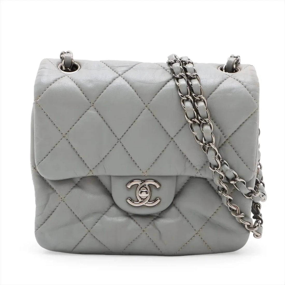 CHANEL MINI MATELASSE LAMBSKIN SINGLE FLAP DOUBLE CHAIN BAG: Chanel Mini Matelasse Lambskin Single Flap Double Chain Bag Brand: Chanel Type/Style: Shoulder Bag Material: Lambskin Color: Gray Size: Height:6.7inchLength:7.3inchDepth:2.6inch Accessories: None