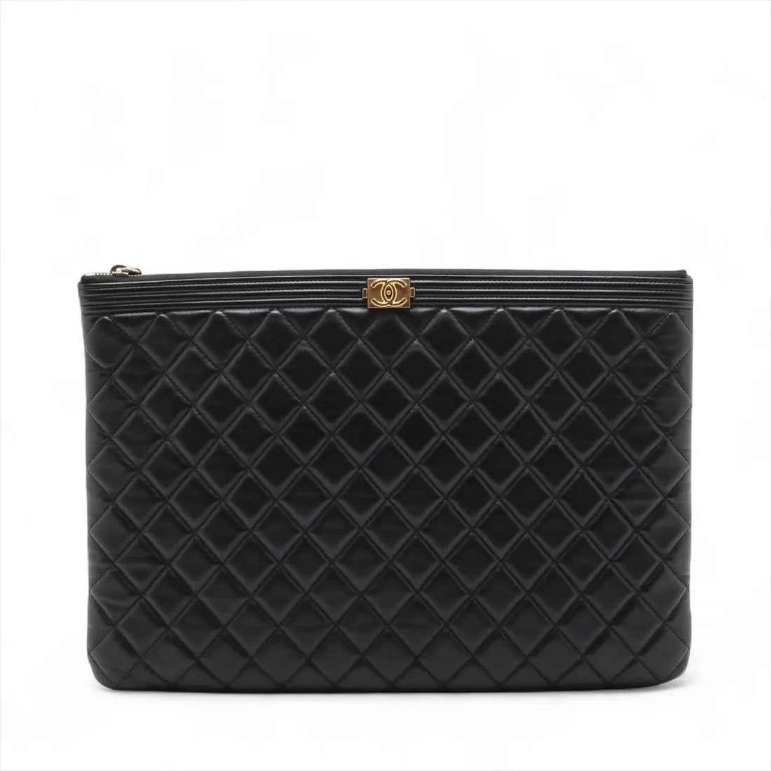 CHANEL BOY LAMBSKIN CLUTCH BAG: Chanel Boy Lambskin Clutch bag Brand: Chanel Type/Style: Clutch Material: Lambskin Color: Black Size: Height:9.3inchLength:13.4inch Accessories: None Accessories Notice: When purchasing pr
