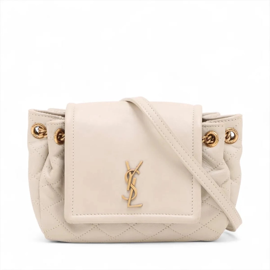 SAINT LAURENT PARIS MINI NOLITA LEATHER CHAIN SHOULDER BAG: Saint Laurent Paris Mini Nolita Leather Chain Shoulder Bag Brand: Saint Laurent Paris Type/Style: Shoulder Bag Material: Leather Color: Beige Size: Height:4.7inchLength:6.1inchDepth:1.4inch Access