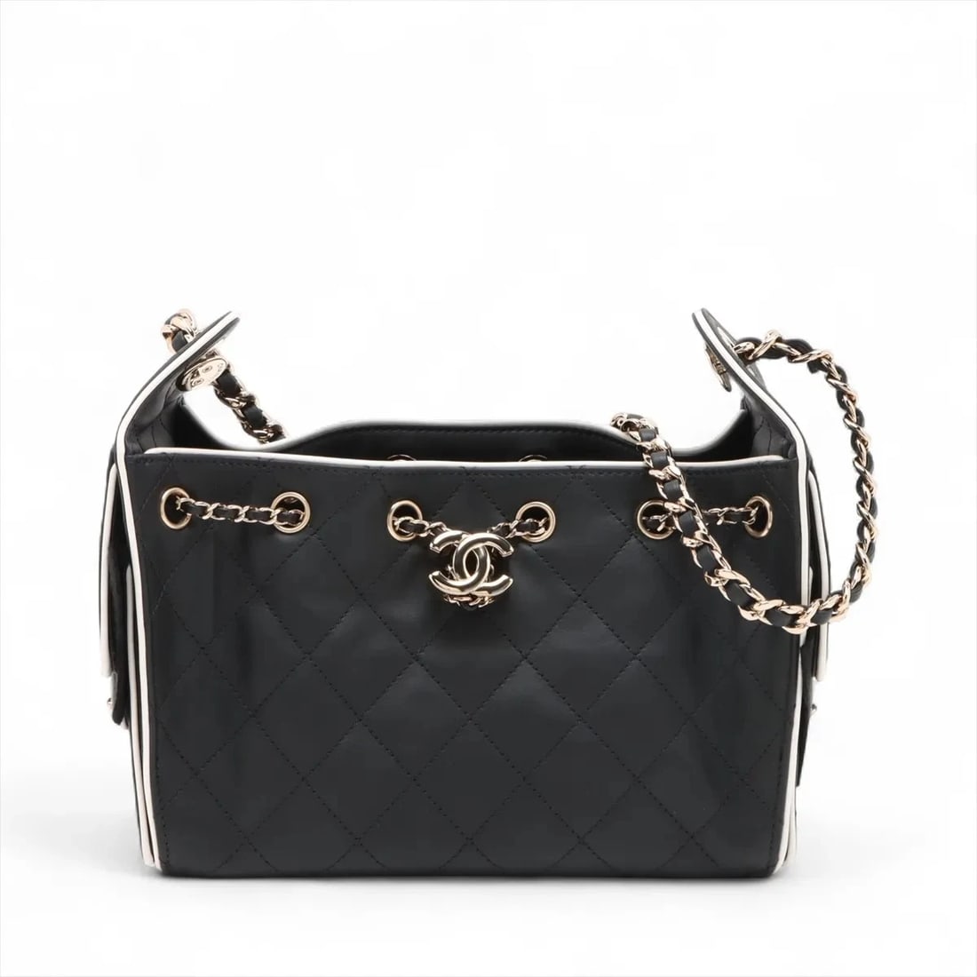 CHANEL 25 MINI CALFSKIN CHAIN SHOULDER BAG: Chanel 25 Mini Calfskin Chain Shoulder Bag Brand: Chanel Type/Style: Shoulder Bag Material: Calfskin Color: Black ? White Size: Height:8.5inchLength:8.9inchDepth:4.1inch Accessories: None