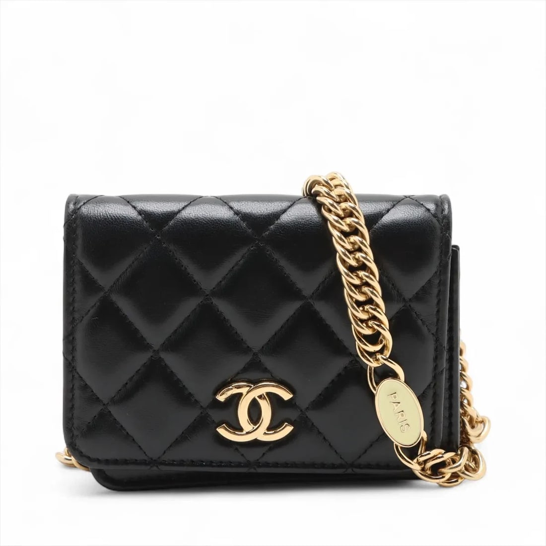 CHANEL MATELASSE LAMBSKIN CHAIN SHOULDER BAG: Chanel Matelasse Lambskin Chain Shoulder Bag Brand: Chanel Type/Style: Shoulder Bag Material: Lambskin Color: Black Size: Height:3.5inchLength:4.7inchDepth:1.2inch Accessories: None Access