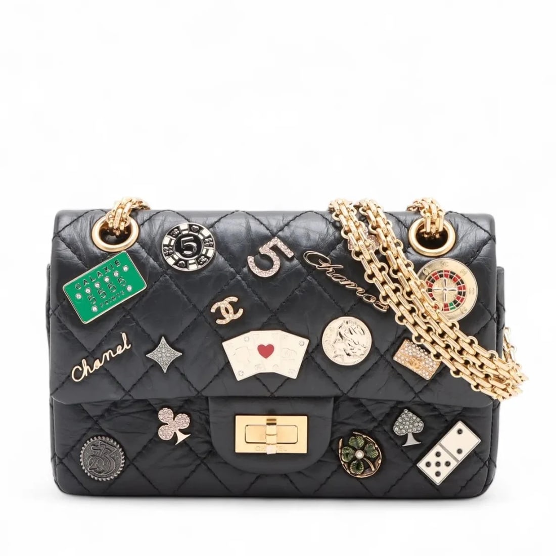 CHANEL MATELASSE MINI CALF DOUBLE CHAIN BAG: Chanel Matelasse Mini calf Double Chain Bag Brand: Chanel Type/Style: Shoulder Bag Material: calf Color: Black Size: Height:5.1inchLength:7.9inchDepth:3.0inch Accessories: None Accessories