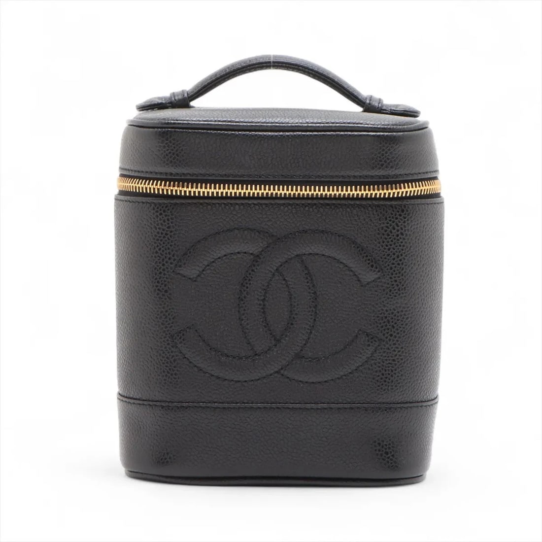 CHANEL COCO MARK CAVIAR SKIN VANITY BAG: Chanel Coco Mark Caviar Skin Vanity bag Brand: Chanel Type/Style: Top Handle Bag Material: Caviar Skin Color: Black Size: Height:6.7inchLength:5.9inchDepth:4.9inch Accessories: None Access