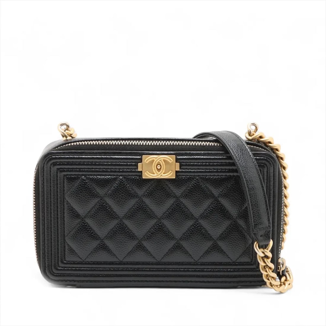 CHANEL BOY GRAINED CALFSKIN CHAIN SHOULDER BAG: Chanel Boy Grained Calfskin Chain Shoulder Bag Brand: Chanel Type/Style: Shoulder Bag Material: Caviar Skin Color: Black Size: Height:3.9inchLength:6.7inchDepth:1.8inch Accessories: None A