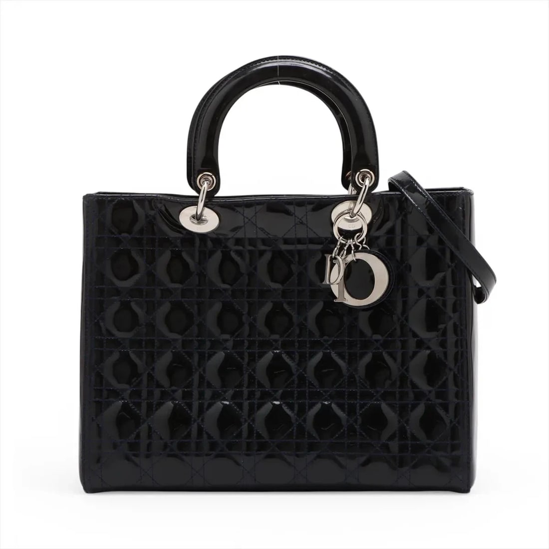 CHRISTIAN DIOR LADY DIOR CANNAGE LARGE PATENT LEATHER 2 WAY HANDBAG: Christian Dior Lady Dior Cannage Large Patent Leather 2 Way Handbag Brand: Christian Dior Type/Style: Top Handle Bag Material: Patent Leather Color: Navy Blue Size: Height:9.6inchLength:12.6inchDepth: