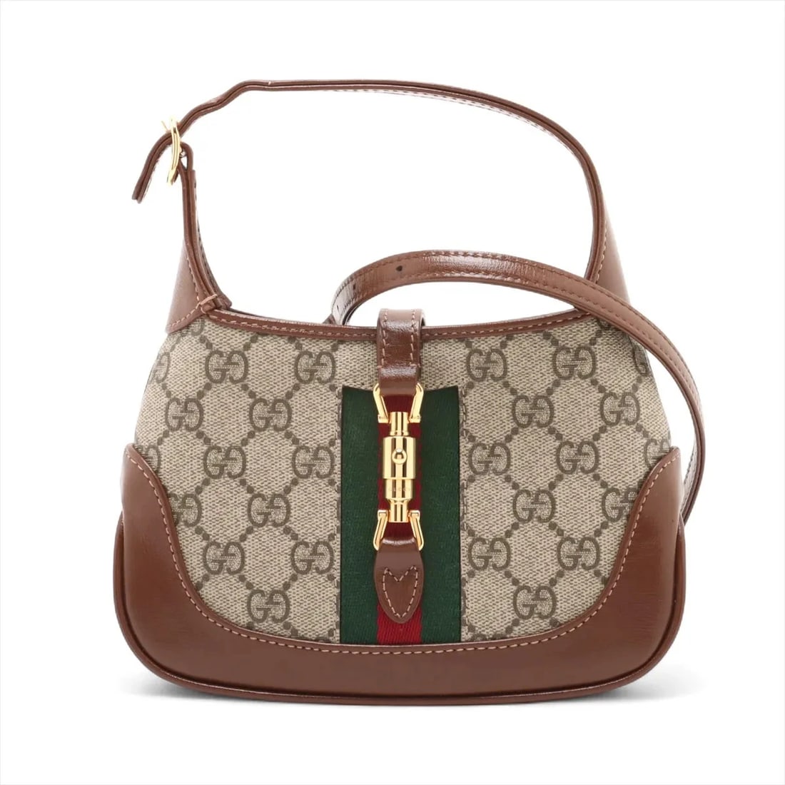 GUCCI JACKIE GG SUPREME PVCX LEATHER SHOULDER BAG: Gucci Jackie GG Supreme PVCx leather Shoulder bag Brand: Gucci Type/Style: Shoulder Bag Material: PVC & leather Color: Brown x beige Size: Height:5.1inchLength:7.9inchDepth:1.6inch Accessories: No