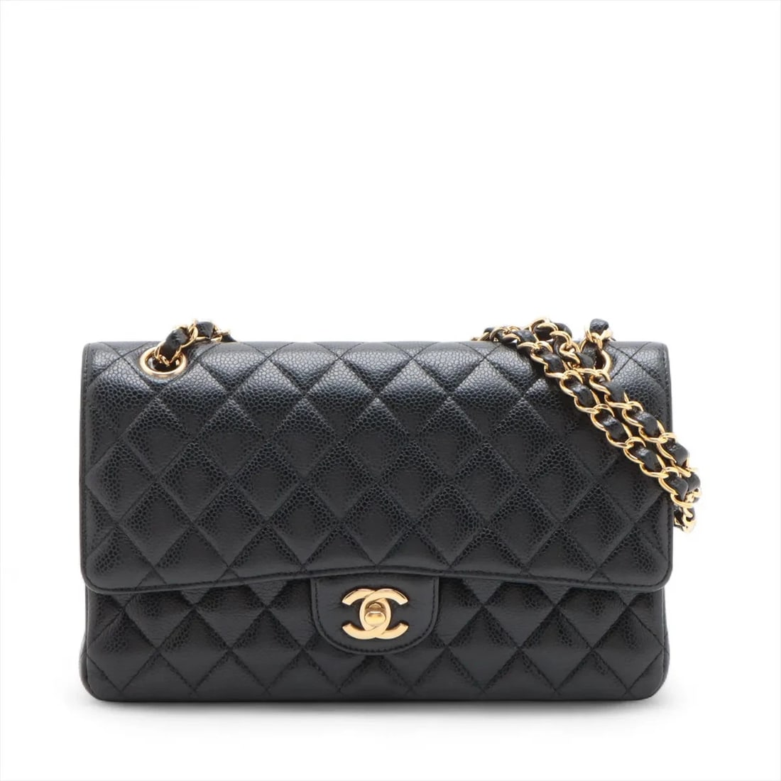 CHANEL MATELASSE 25 CAVIAR SKIN DOUBLE CHAIN BAG: Chanel Matelasse 25 Caviar Skin Double Chain Bag Brand: Chanel Type/Style: Shoulder Bag Material: Caviar Skin Color: Black Size: Height:6.1inchLength:9.8inchDepth:2.4inch Accessories: None