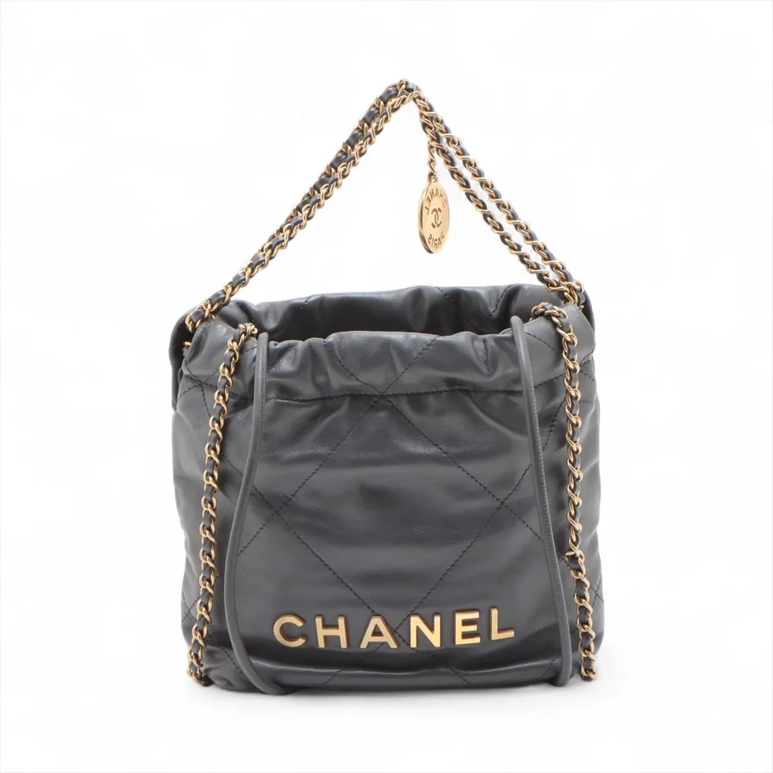 CHANEL 22 MINI SHINY CALFSKIN CHAIN SHOULDER BAG: Chanel 22 Mini shiny calfskin Chain Shoulder Bag Brand: Chanel Type/Style: Shoulder Bag Material: shiny calfskin Color: Gray Size: Height:7.5inchLength:6.7inchDepth:2.4inch Accessories: None <