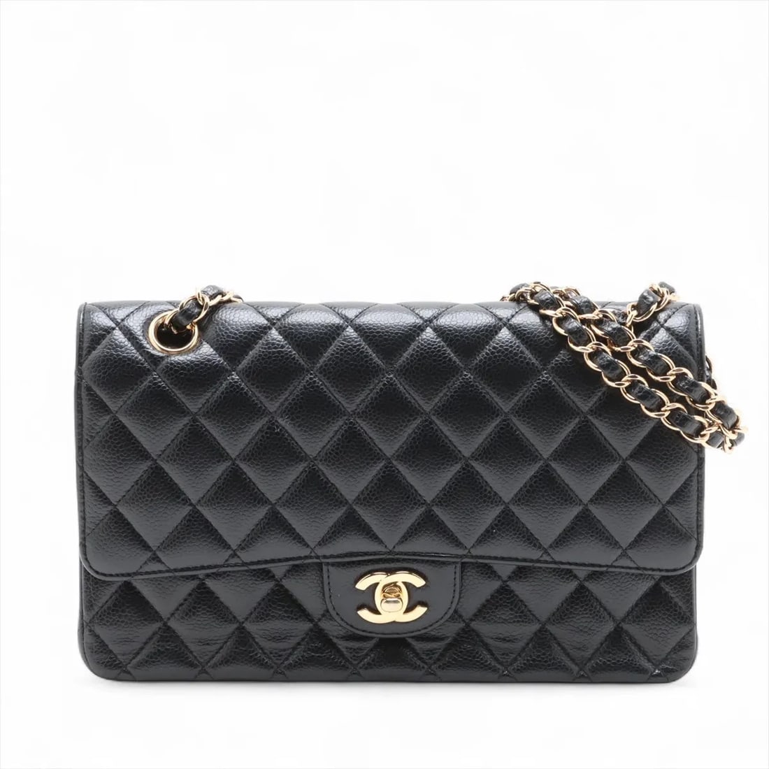 CHANEL MATELASSE 25 CAVIAR SKIN DOUBLE FLAP DOUBLE CHAIN BAG: Chanel Matelasse 25 Caviar Skin Double Flap Double Chain Bag Brand: Chanel Type/Style: Shoulder Bag Material: Caviar Skin Color: Black Size: Height:5.9inchLength:9.8inchDepth:2.4inch Accessories: