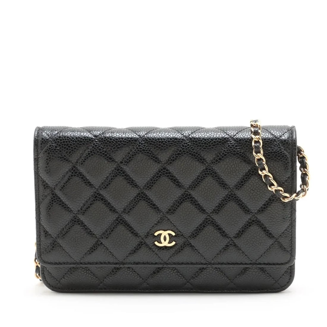 CHANEL MATELASSE CAVIAR SKIN CHAIN WALLET BLACK GOLD METAL: Chanel Matelasse Caviar Skin Chain Wallet Black Gold Metal Brand: Chanel Type/Style: Shoulder Bag Material: Caviar Skin Color: Black Size: Height:4.9inchLength:7.7inchDepth:1.8inch Accessories: No
