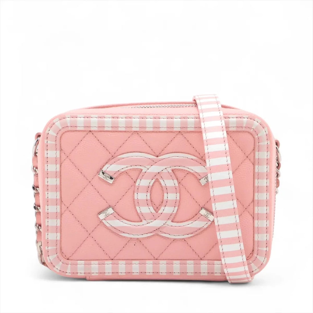 CHANEL CC FILIGREE CAVIAR SKIN CHAIN SHOULDER BAG: Chanel CC Filigree Caviar Skin Chain Shoulder Bag Brand: Chanel Type/Style: Shoulder Bag Material: Caviar Skin Color: pink x white Size: Height:3.9inchLength:5.5inchDepth:2.2inch Accessories: None