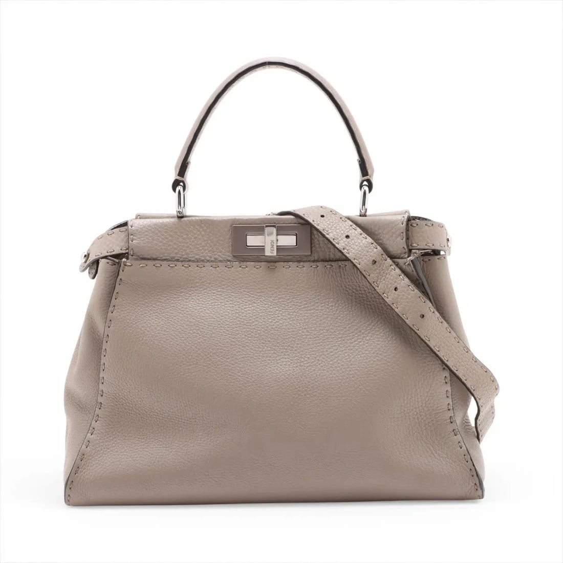 FENDI PEEKABOO REGULAR SELLERIA LEATHER 2 WAY HANDBAG: Fendi PEEKABOO REGULAR Selleria Leather 2 Way Handbag Brand: Fendi Type/Style: Top Handle Bag Material: Leather Color: Beige Size: Height:9.3inchLength:13.6inchDepth:5.1inch Accessories: None