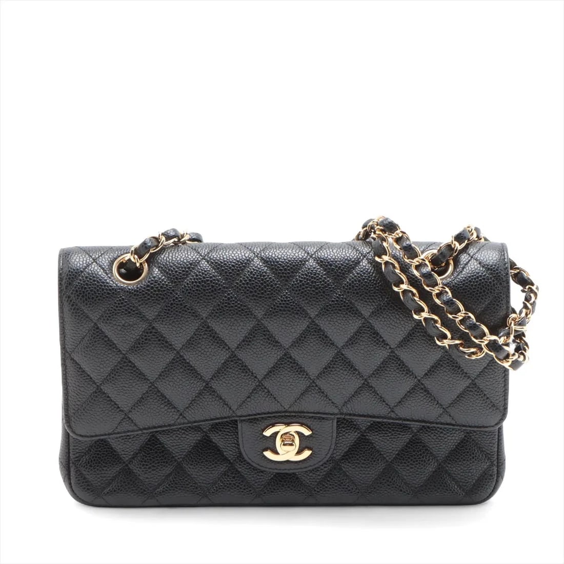 CHANEL MATELASSE 25 CAVIAR SKIN DOUBLE FLAP DOUBLE CHAIN BAG: Chanel Matelasse 25 Caviar Skin Double Flap Double Chain Bag Brand: Chanel Type/Style: Shoulder Bag Material: Caviar Skin Color: Black Size: Height:6.1inchLength:9.8inchDepth:2.6inch Accessories: