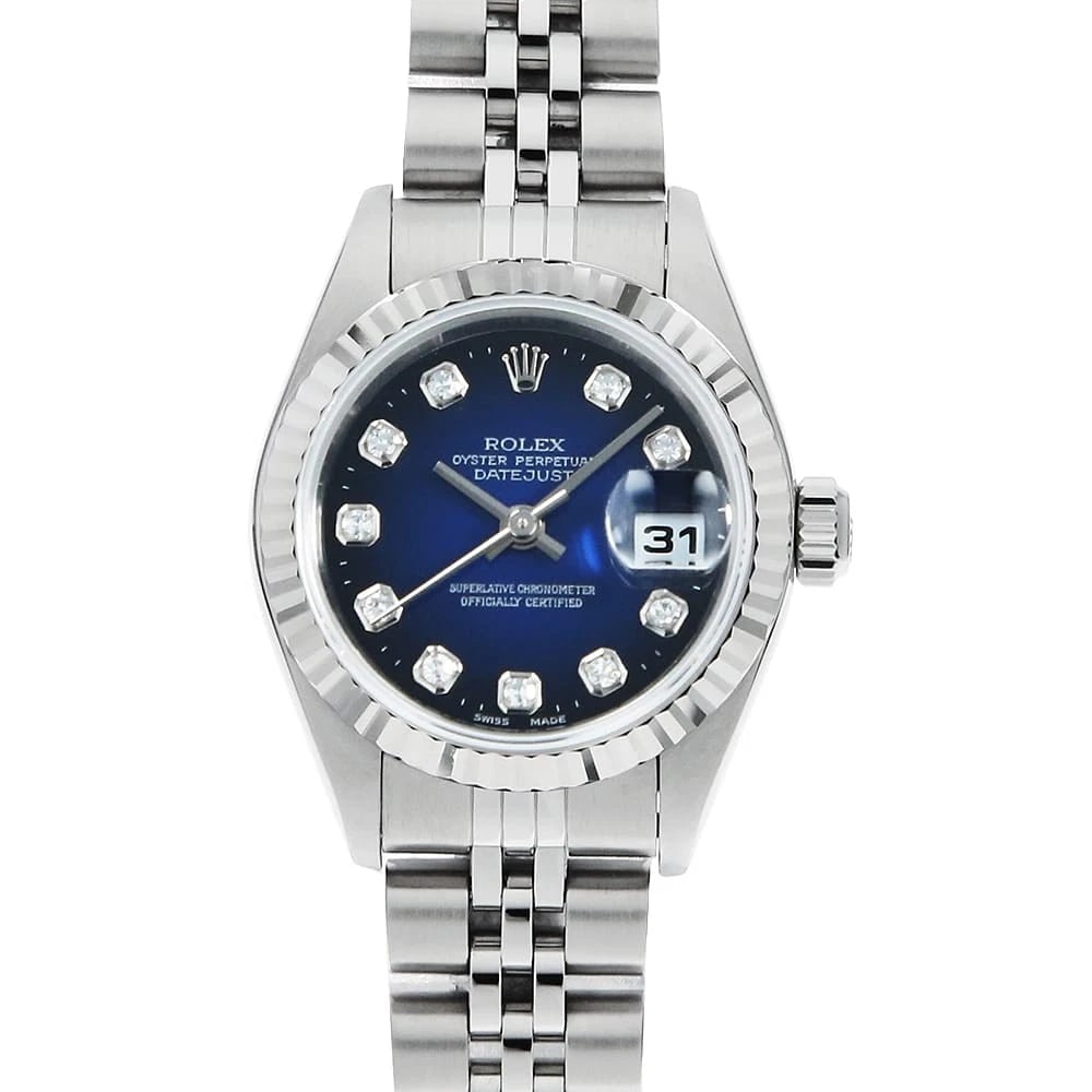ROLEX DATEJUST DIAMOND BLUE GRADATION WATCH: ROLEX Datejust Diamond blue Gradation Watch Brand: ROLEX Type/Style: Wrist watch Material: Band Material Stainless Steel, Case Material Stainless Steel/White gold Color: Dial Color Blue Size: Case:W26