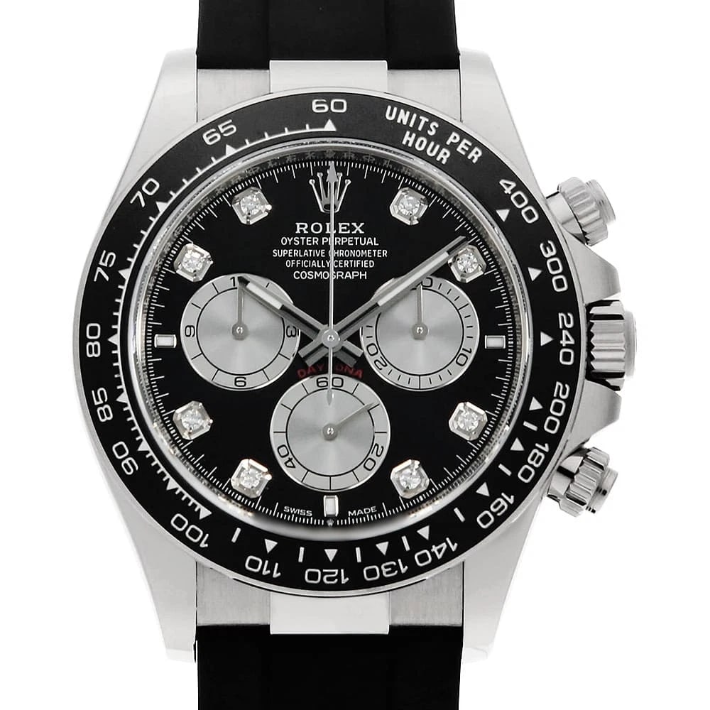 ROLEX COSMOGRAPH DAYTONA DIAMOND BLACK WATCH: ROLEX Cosmograph Daytona diamond black Watch Brand: ROLEX Type/Style: Wrist watch Material: Band Material rubber, Case Material White Gold Color: Dial Color Black Size: Case:W40mm Circumference of Wri