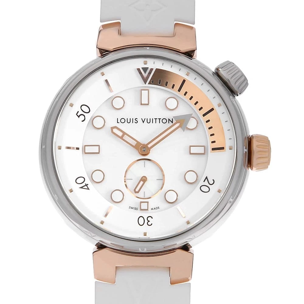 LOUIS VUITTON TAMBOUR STREET DIVER WATCH: LOUIS VUITTON Tambour Street Diver Watch Brand: LOUIS VUITTON Type/Style: Wrist watch Material: Band Material rubber, Case Material Rose gold/Stainless Steel Color: Dial Color White Size: Case:W39.5mm