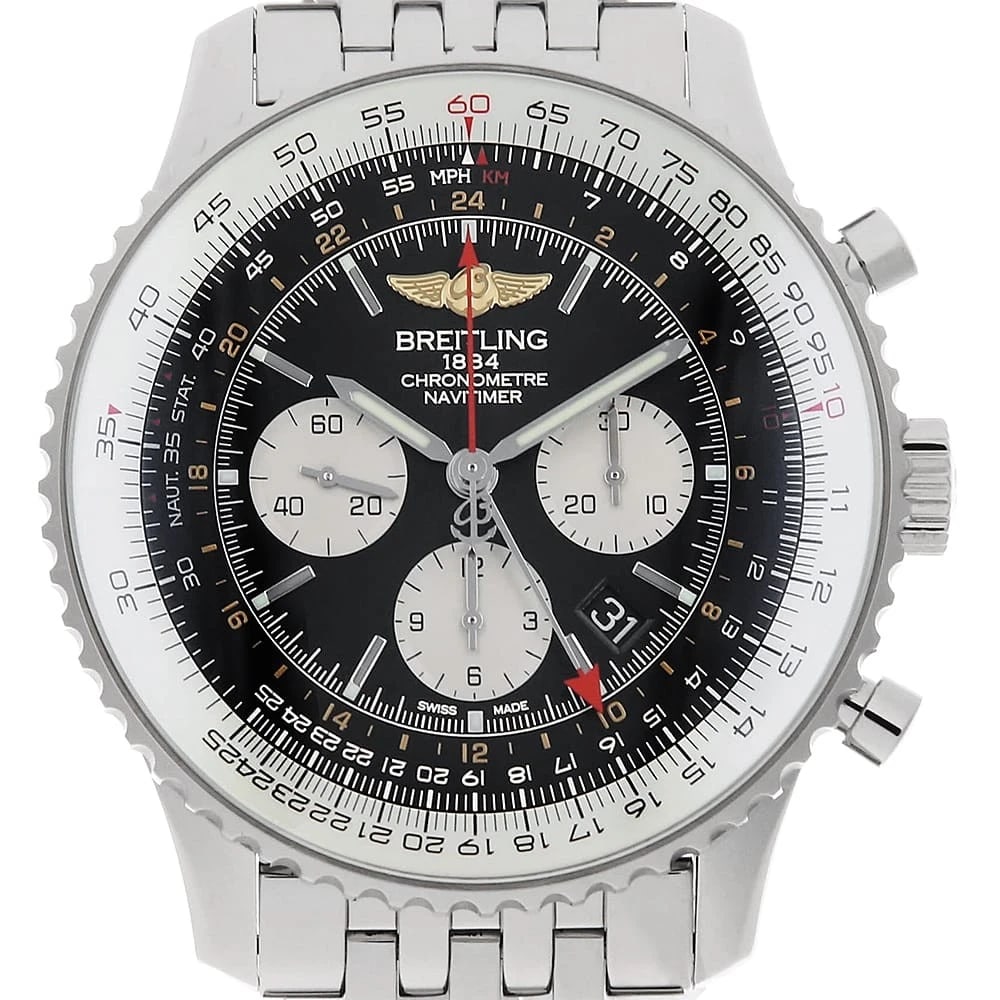 BREITLING NAVITIMER CHRONOGRAPH WATCH: BREITLING Navitimer Chronograph Watch Brand: BREITLING Type/Style: Wrist watch Material: Band Material Stainless Steel, Case Material Stainless Steel Color: Dial Color Black Size: Case:W48mm Circumfer