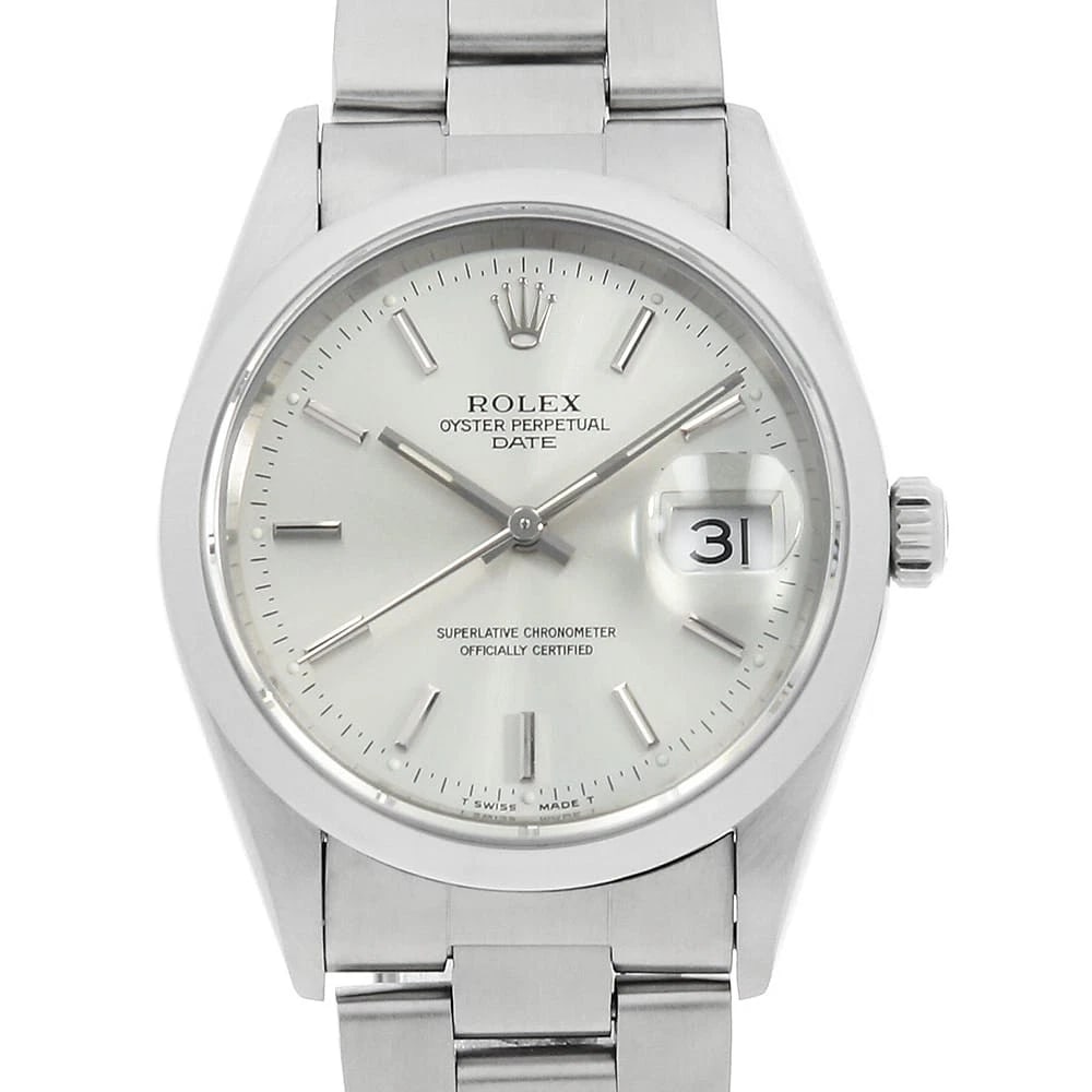 ROLEX OYSTER PERPETUAL DATE SILVER WATCH: ROLEX Oyster Perpetual Date Silver Watch Brand: ROLEX Type/Style: Wrist watch Material: Band Material Stainless Steel, Case Material Stainless Steel Color: Dial Color Silver Size: Case:W34mm