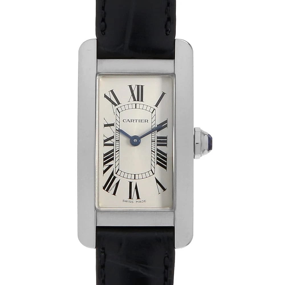 CARTIER TANK STAINLESS STEEL WATCH: Cartier Tank Stainless Steel Watch Brand: Cartier Type/Style: Wrist watch Material: Band Material Calfskin embossing, Case Material Stainless Steel Color: Dial Color Silver Size: Case:W34.8mm x H19mm 
