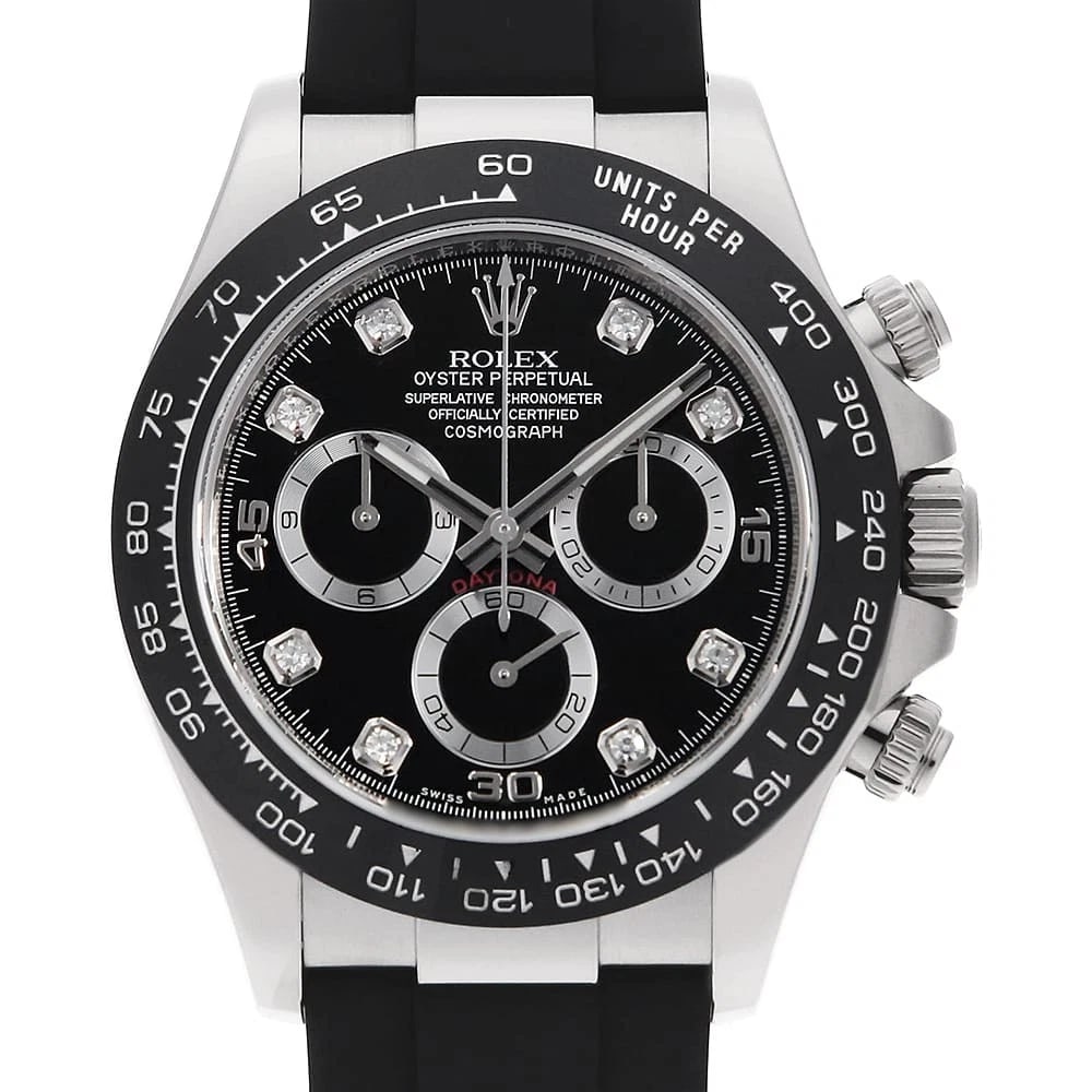 ROLEX COSMOGRAPH DAYTONA DIAMOND BLACK WATCH: ROLEX Cosmograph Daytona diamond black Watch Brand: ROLEX Type/Style: Wrist watch Material: Band Material rubber, Case Material White Gold Color: Dial Color Black Size: Case:W40mm Circumference of Wri
