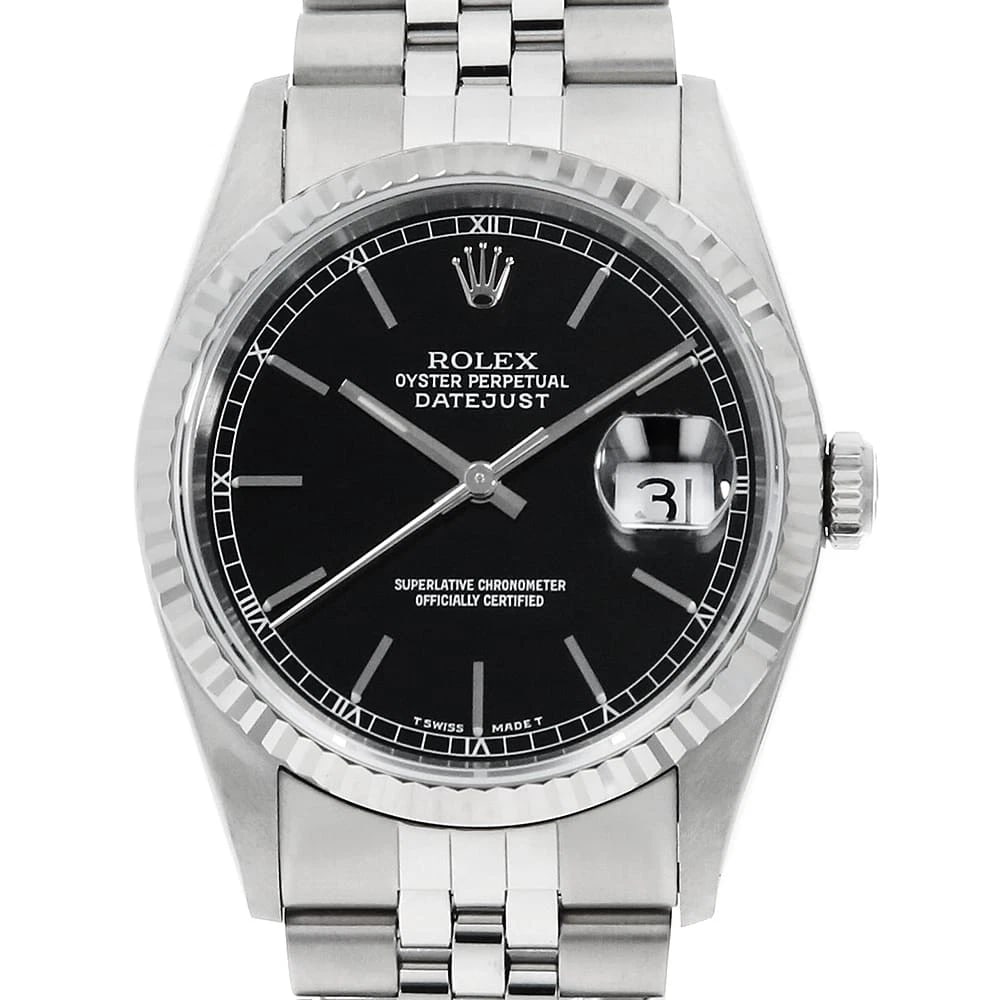 ROLEX DATEJUST BLACK WATCH: ROLEX Datejust black Watch Brand: ROLEX Type/Style: Wrist watch Material: Band Material Stainless Steel, Case Material Stainless Steel/White gold Color: Dial Color Black Size: Case:W36mm Circumference