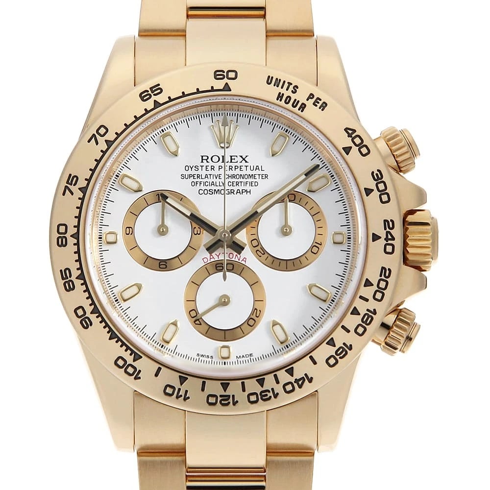 ROLEX COSMOGRAPH DAYTONA WHITE WATCH: ROLEX Cosmograph Daytona white Watch Brand: ROLEX Type/Style: Wrist watch Material: Band Material Yellow Gold, Case Material Yellow Gold Color: Dial Color White Size: Case:W40mm Circumference of