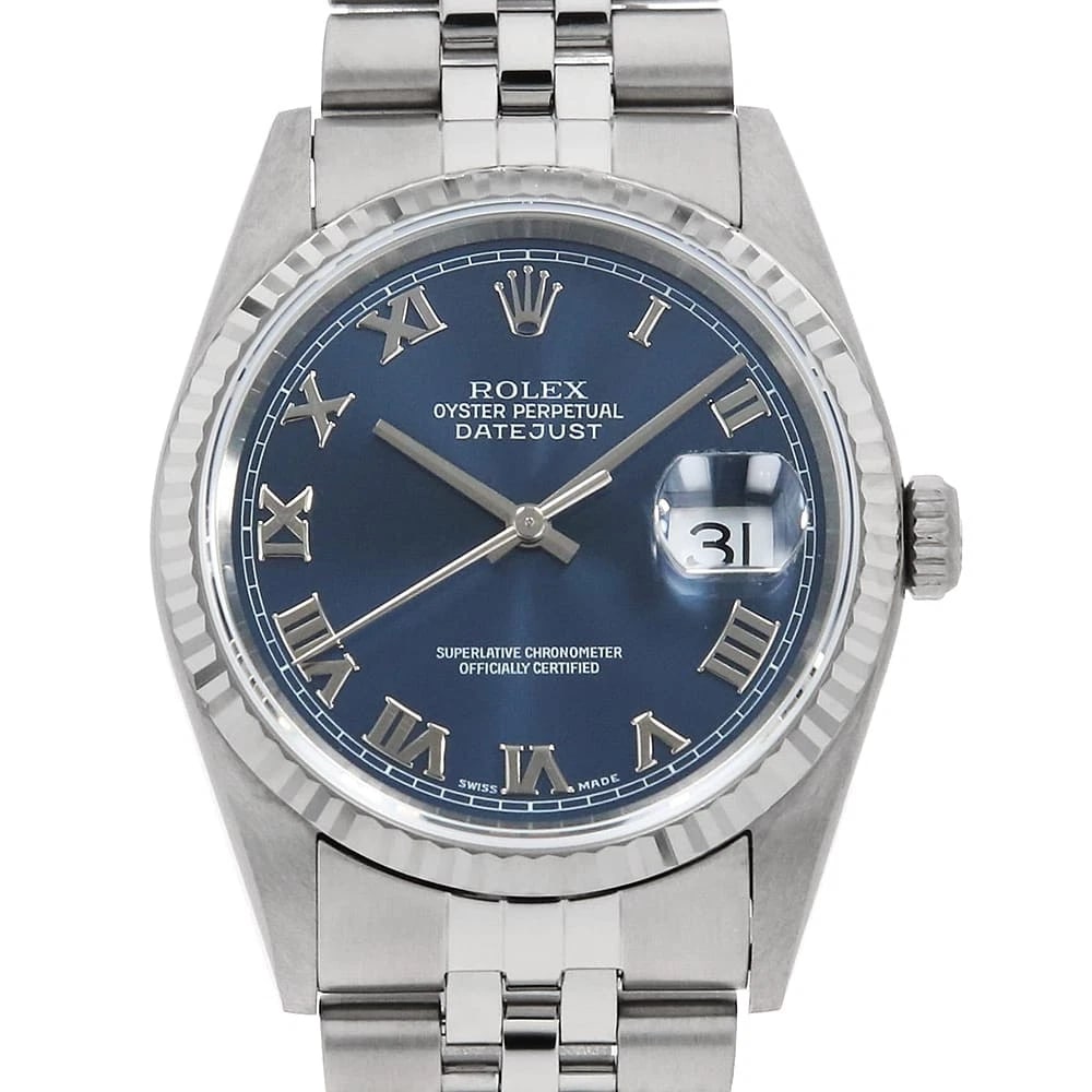 ROLEX DATEJUST BLUE STAINLESS STEEL WATCH: ROLEX Datejust blue Stainless Steel Watch Brand: ROLEX Type/Style: Wrist watch Material: Band Material Stainless Steel, Case Material Stainless Steel/White gold Color: Dial Color Blue Size: Case:W36mm