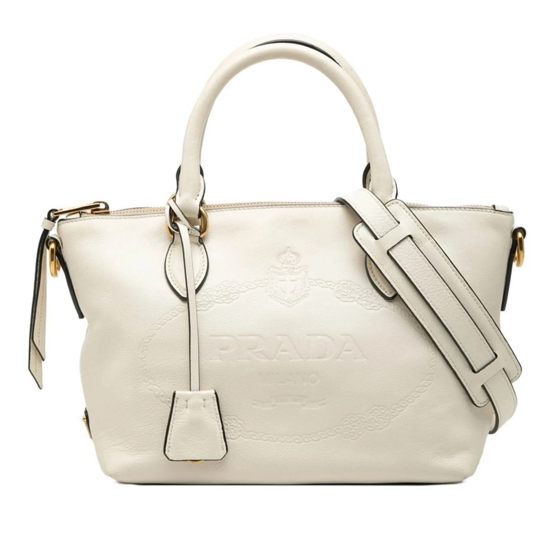 PRADA TRIANGLE LOGO PLATE HANDBAG SHOULDER BAG: Prada Triangle Logo Plate Handbag Shoulder Bag Brand: Prada Type/Style: Handbag, Shoulder bag Material: Leather Color: White Size: (HxWxD) 10cm x 31cm x 13.5cm / 3.93'' x 12.2'' x 5.31'' Accessori