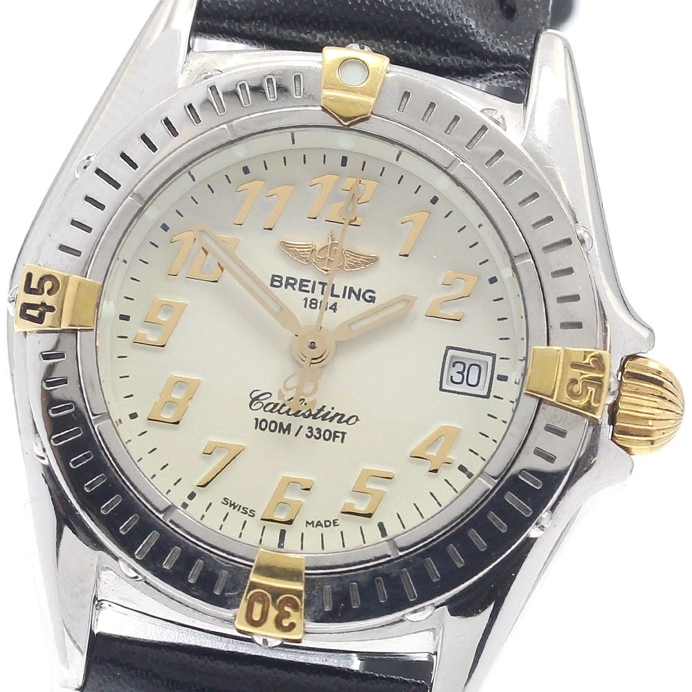 BREITLING CALISTINO DATE BEIGE QUARTZ WATCH: BREITLING Calistino Date beige Quartz Watch Brand: BREITLING Type/Style: Wristwatch Material: Band Material leather, Case Material Stainless Steel Color: Case Color Silver Band Color black Dial Color 