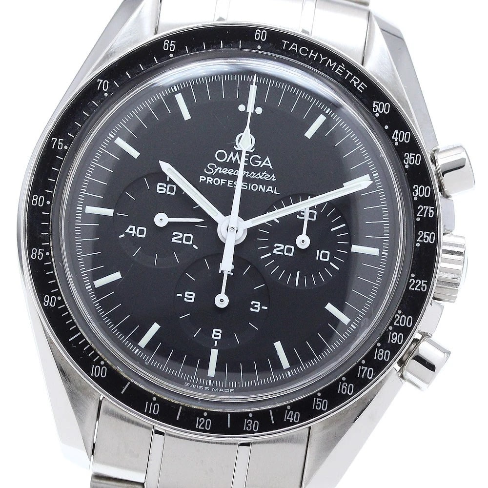 OMEGA SPEEDMASTER CHRONOGRAPH WATCH: OMEGA Speedmaster Chronograph Watch Brand: OMEGA Type/Style: Wristwatch Material: Band Material Stainless Steel, Case Material Stainless Steel Color: Dial Color black Band Color Silver Case Color