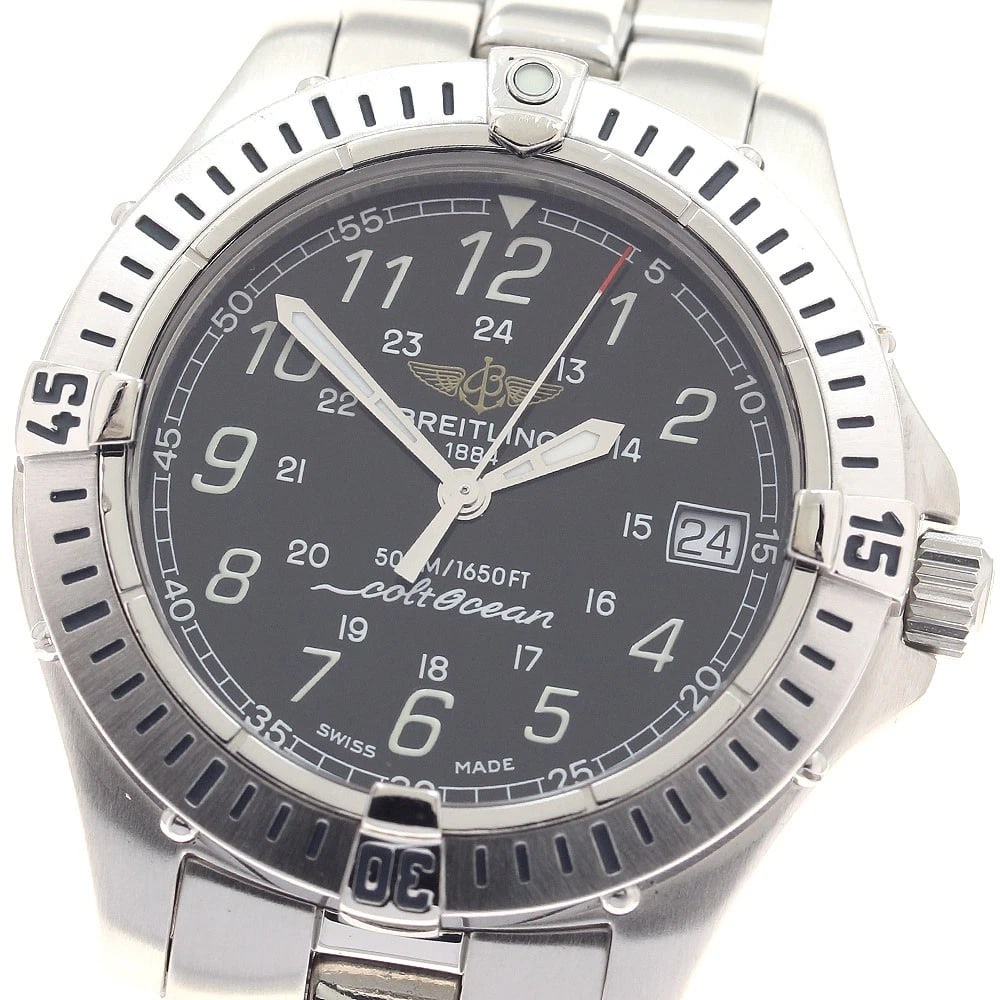 BREITLING COLT OCEAN BLACK QUARTZ WATCH: BREITLING Colt Ocean black Quartz Watch Brand: BREITLING Type/Style: Wristwatch Material: Band Material Stainless Steel, Case Material Stainless Steel Color: Dial Color black Band Color Silver Case