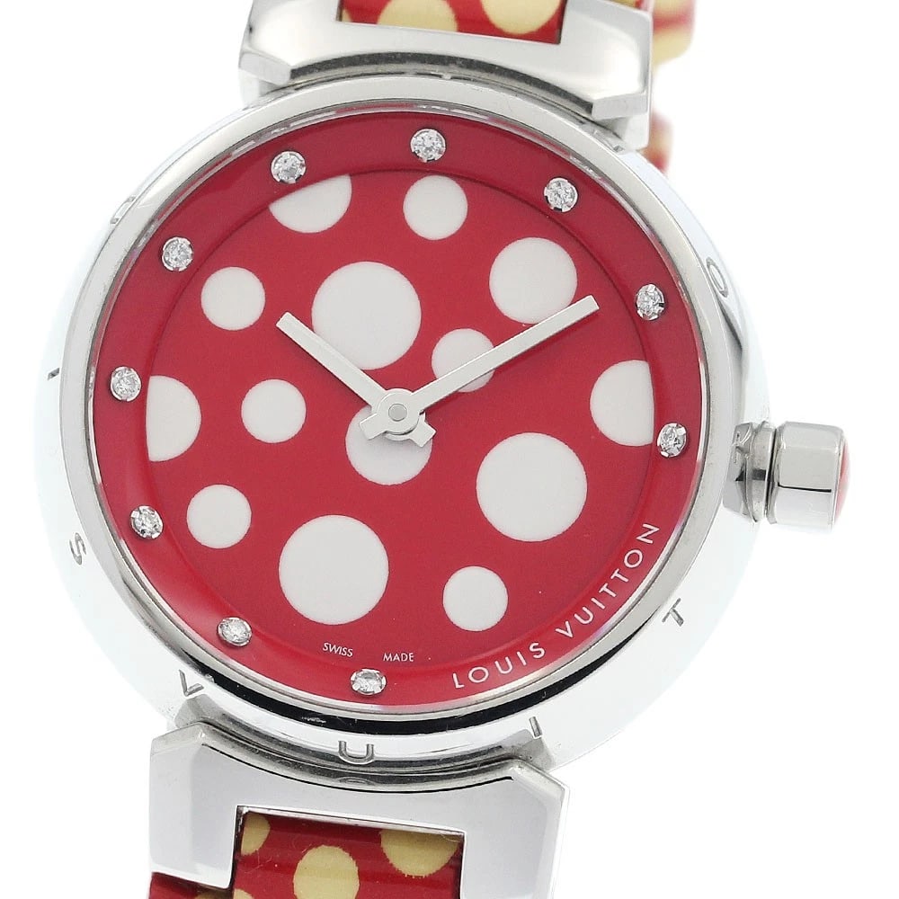 LOUIS VUITTON TAMBOUR DIAMOND WATCH: LOUIS VUITTON Tambour diamond Watch Brand: LOUIS VUITTON Type/Style: Wristwatch Material: Band Material leather, Case Material Stainless Steel Color: Case Color Silver Band Color Red / yellow Dial Col