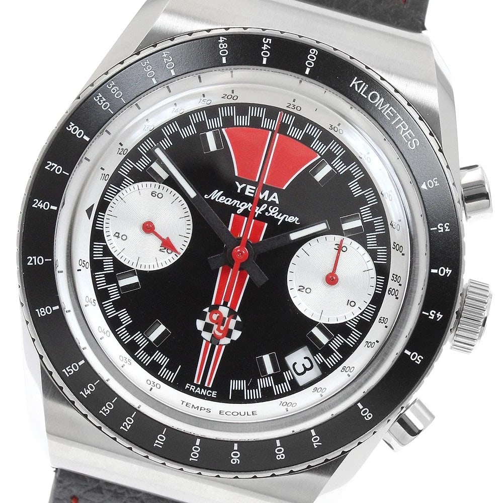 YEMA MEANGRAF AUTOMATIC WATCH: YEMA Meangraf Automatic Watch Brand: YEMA Type/Style: Wristwatch Material: Band Material leather, Case Material Stainless Steel Color: Case Color Silver Band Color black Dial Color black Size: Case si