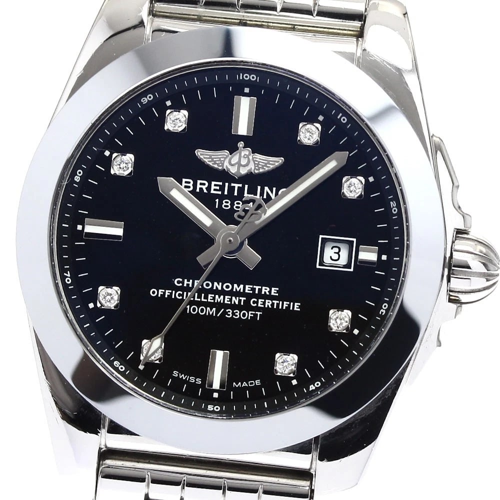 BREITLING GALACTIC DIAMOND QUARTZ WATCH: BREITLING Galactic Diamond Quartz Watch Brand: BREITLING Type/Style: Wristwatch Material: Band Material Stainless Steel, Case Material Stainless Steel Color: Dial Color black Band Color Silver Case