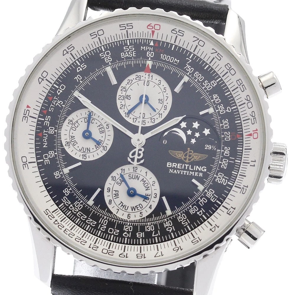 BREITLING NAVITIMER AUTOMATIC WATCH: BREITLING Navitimer Automatic Watch Brand: BREITLING Type/Style: Wristwatch Material: Band Material leather, Case Material Stainless Steel Color: Case Color Silver Band Color black Dial Color black