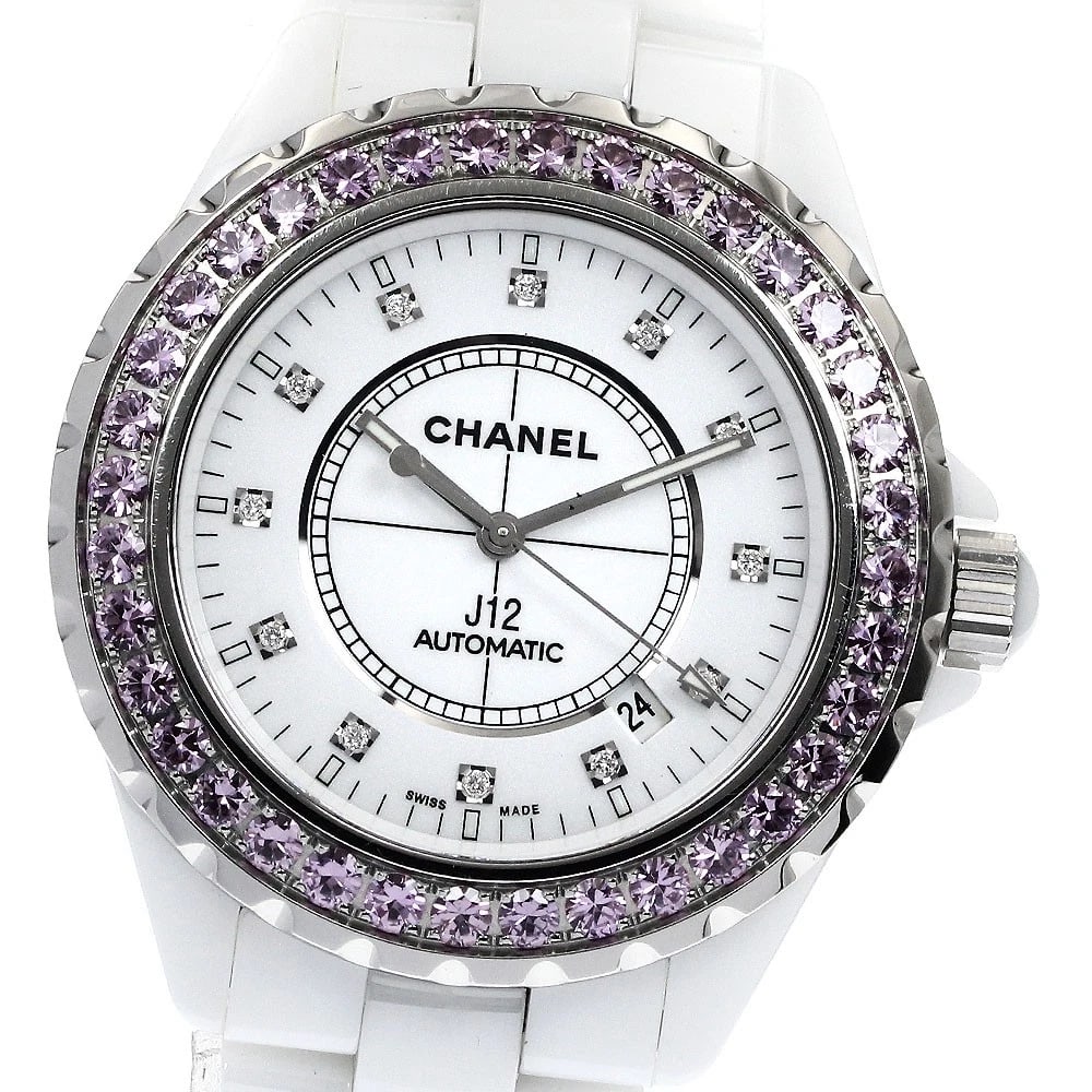 CHANEL J12 PINK SAPPHIRE BEZEL DIAMOND AUTOMATIC WATCH: CHANEL J12 Pink sapphire bezel diamond Automatic Watch Brand: CHANEL Type/Style: Wristwatch Material: Band Material Stainless Steel / ceramic, Case Material Stainless Steel / ceramic Color: Case