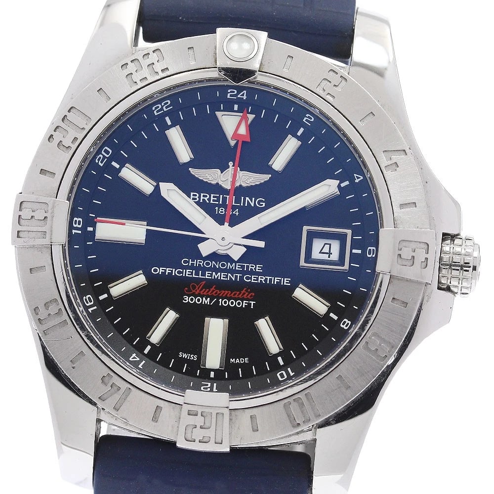 BREITLING AVENGER DATE BLACK AUTOMATIC WATCH: BREITLING Avenger Date black Automatic Watch Brand: BREITLING Type/Style: Wristwatch Material: Band Material rubber, Case Material Stainless Steel Color: Case Color Silver Band Color Navy Dial Color b