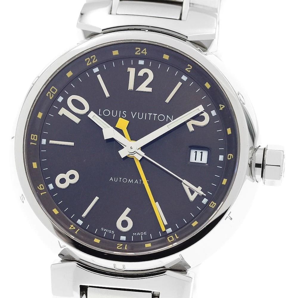 LOUIS VUITTON TAMBOUR DATE BROWN AUTOMATIC WATCH: LOUIS VUITTON Tambour date Brown Automatic Watch Brand: LOUIS VUITTON Type/Style: Wristwatch Material: Band Material Stainless Steel, Case Material Stainless Steel Color: Case Color Silver Band Color 