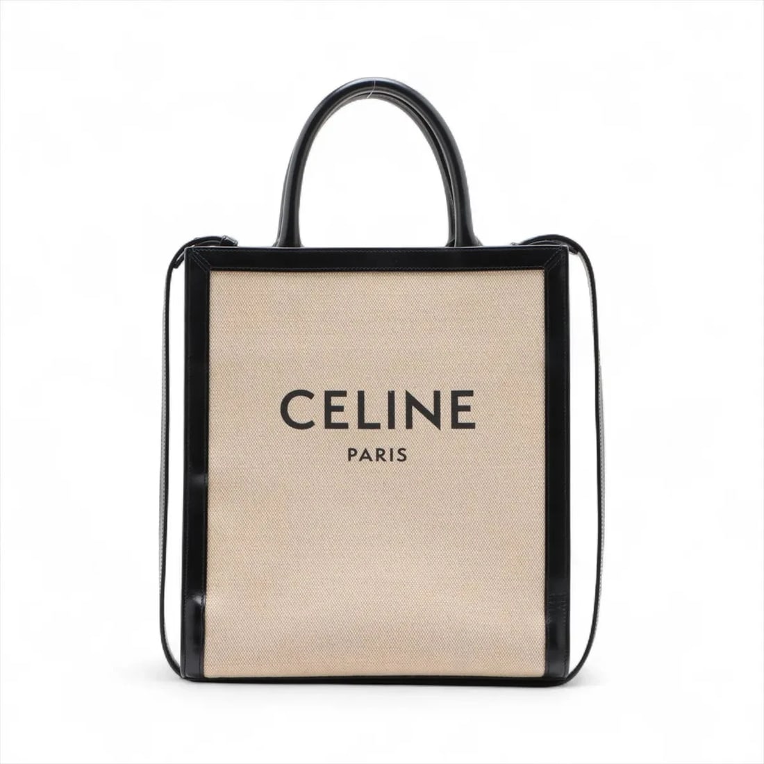 CELINE VERTICAL CABAS CANVAS HANDBAG: Celine Vertical Cabas Canvas Handbag Brand: Celine Type/Style: Top Handle Bag Material: Canvas & Leather Color: Beige x black Size: Height:12.4inchLength:11.0inchDepth:3.1inch Accessories: None
