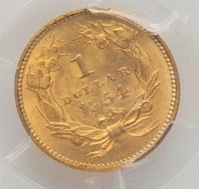 1854 G$1 TYPE TWO GOLD DOLLAR: 1854 G$1 Type Two Gold Dollar Year: 1854 Composition: GOLD Denomination: $1 Country of Origin: United States Accessories: None Accessories Notice: When purchasing pre-owned goods, please refer to t