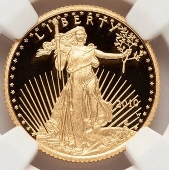 2010-W PROOF GOLD EAGLE 1/4 OZ RED BOOK: 2010-W Proof Gold Eagle 1/4 oz Red Book Year: 2010 Composition: GOLD Denomination: $10 Country of Origin: United States Accessories: None Accessories Notice: When purchasing pre-owned goods, please