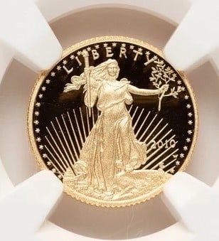 2010-W PROOF GOLD EAGLE 1/10 OZ ER BLUE: 2010-W Proof Gold Eagle 1/10 oz ER Blue Year: 2010 Composition: GOLD Denomination: $5 Country of Origin: United States Accessories: None Accessories Notice: When purchasing pre-owned goods, please